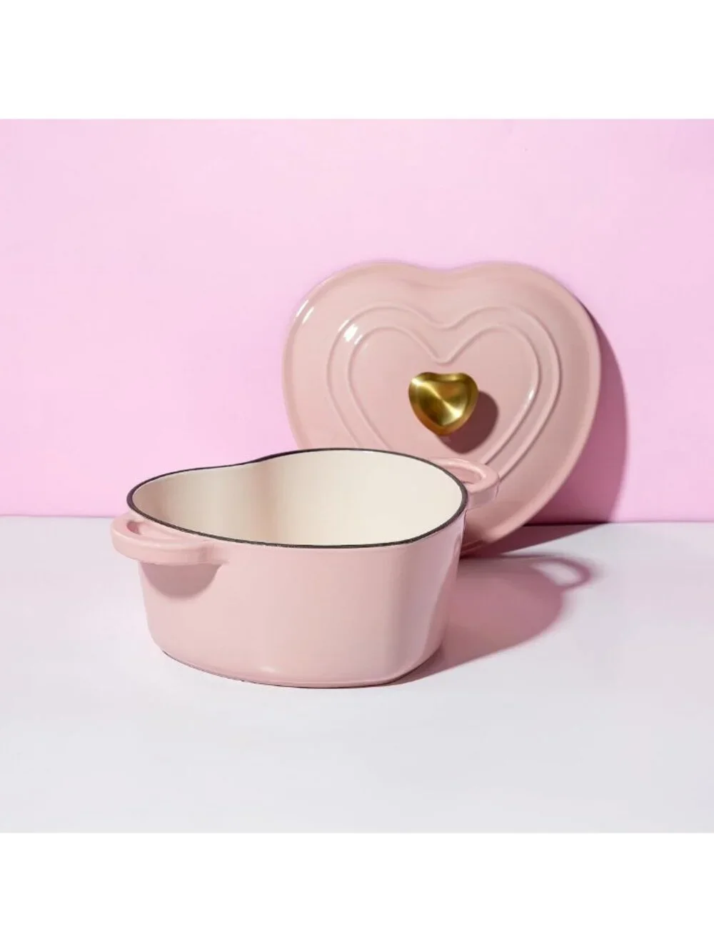 Heart-Shaped Enameled Cast Iron Dutch Oven Pot with Lid, 2-Quart, Pink, Oven